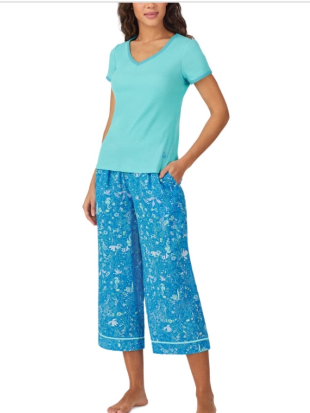 Cuddl Duds Women's Printed Cropped Pajama Set - Blue Large